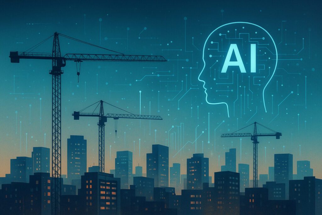 Digital illustration showing the connection between housing development, data, and AI innovation