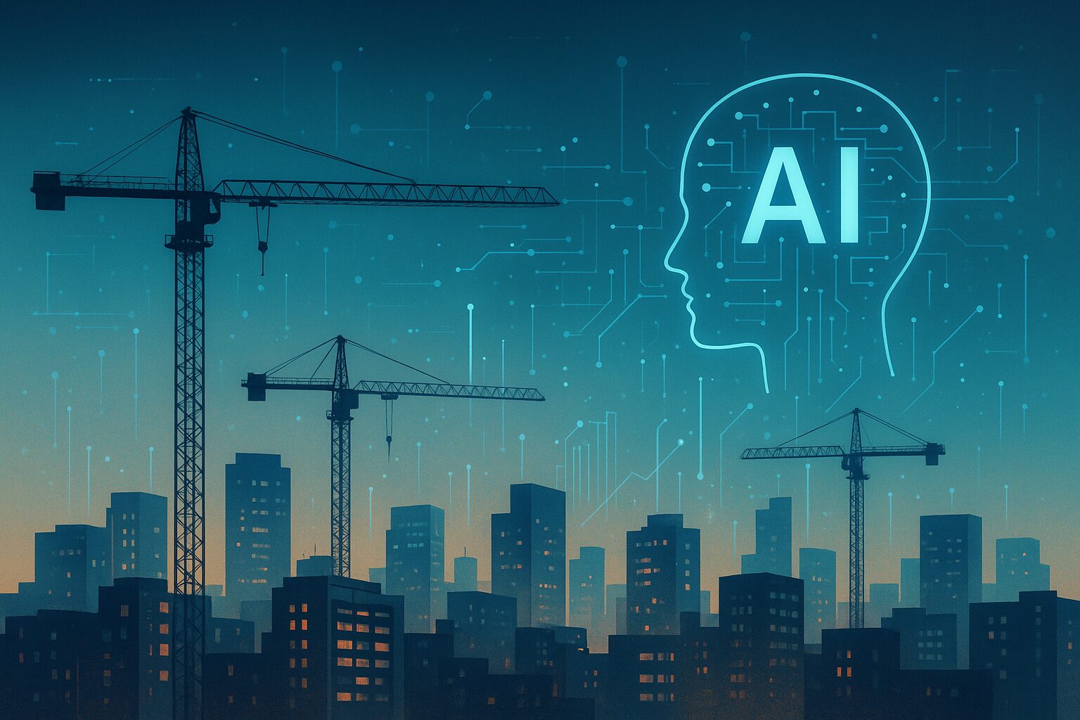 Digital illustration showing the connection between housing development, data, and AI innovation
